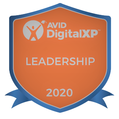 AVID badge that is orange with a blue boarder 